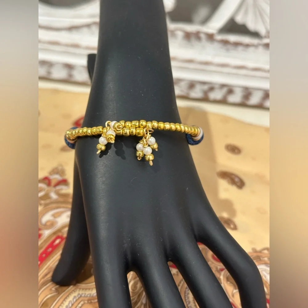 Elegant Blue Lava Stone and Gold Beaded Bracelet - Picture 2 of 4